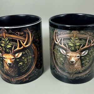 black ceramic mug with a Celtic forest stag design and Celtic knotwork. NEW